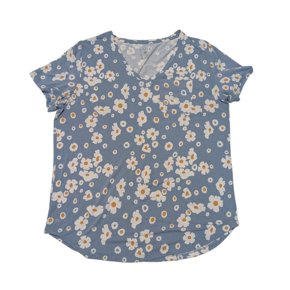 Lates by Kate Short Sleeve Pajama Top Blue Daisy Floral PJs Sleepwear Flowers